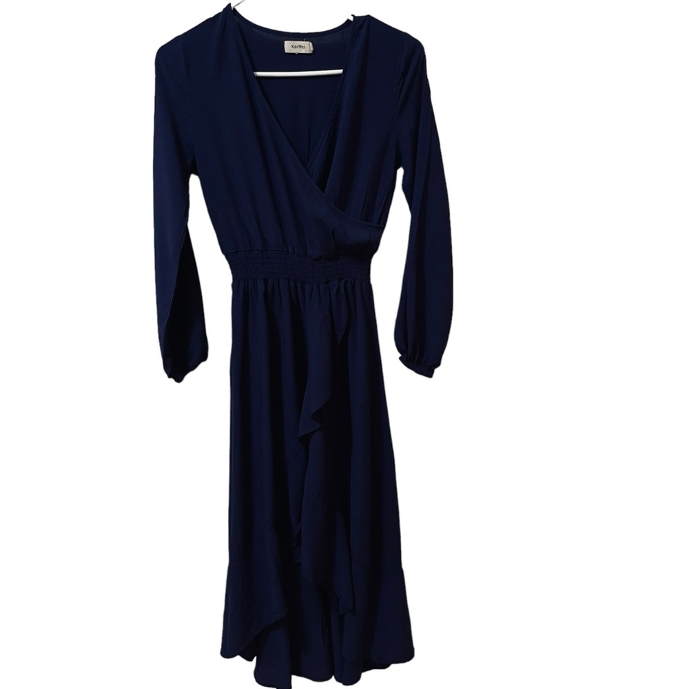 KorMei Blue Womens Dress with Ruffles/Front Asymmetrical Size S Rayon
